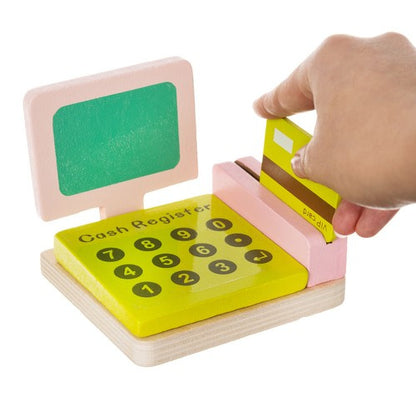 Laste supermarket – puidust lett kassaga ja puuviljakomplektiga (25-osaline)